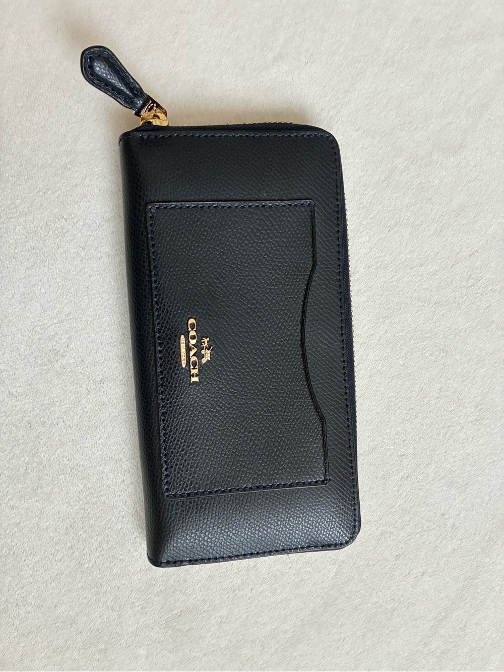 Coach dark blue Pebbled Leather Zip Wallet with Gold Logo